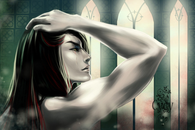 Обои картинки фото рисованные, люди, окна, рука, профиль, парень