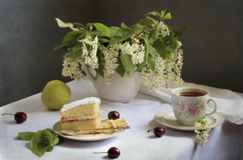 Картинка еда натюрморт торт вишня чай черемуха яблоко