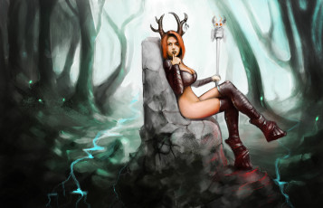 Картинка фэнтези демоны девушка демон рога трон посох