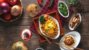 Картинка еда разное блюда ассорти лук рис тыква перец овощи