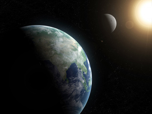Обои картинки фото космос, арт, земля, солнце, луна