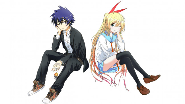 Обои картинки фото аниме, nisekoi, парень, фон, взгляд, девушка