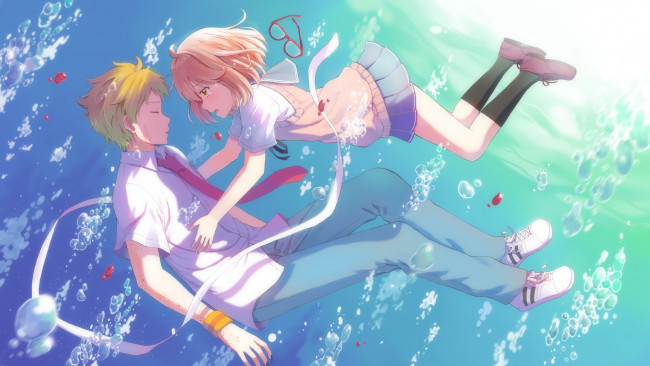 Обои картинки фото kyoukai no kanata, аниме, unknown,  другое, фон, взгляд, девушка, парень
