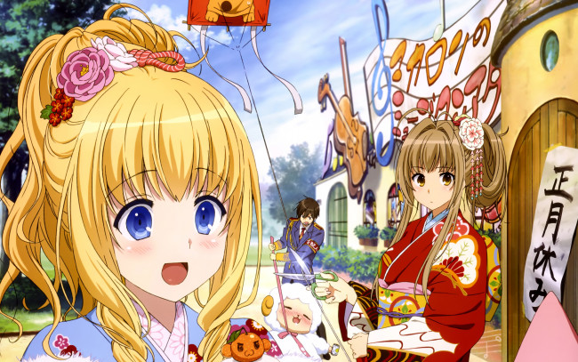 Обои картинки фото amagi brilliant park, аниме, фон, взгляд, девушки