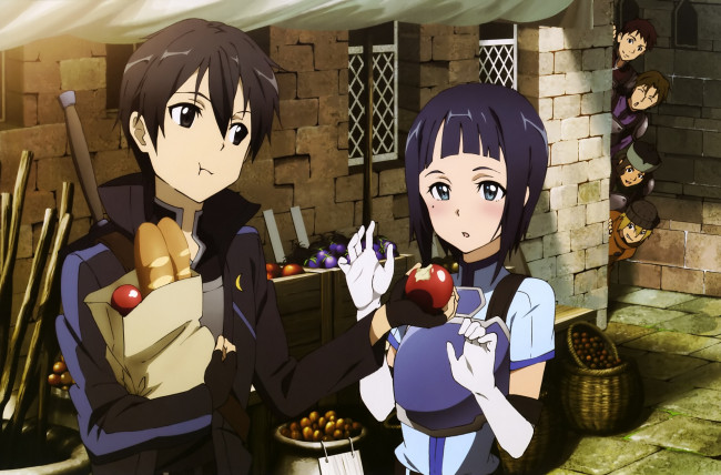 Обои картинки фото аниме, sword art online, кирито, яблоко, девушка