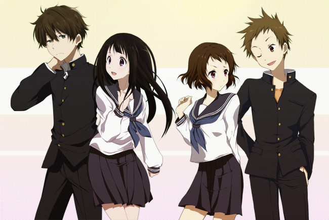 Обои картинки фото аниме, hyouka, фон, взгляд, девушки, парни