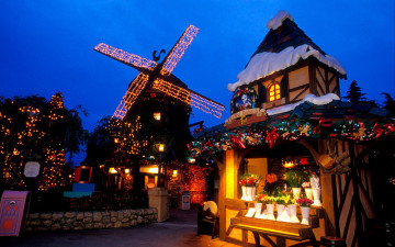 Картинка праздничные новогодние+пейзажи мельница иллюминация