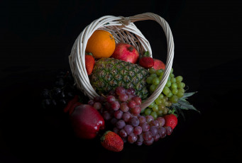 Картинка еда фрукты +ягоды яблоки апельсин гранат клубника натюрморт виноград ананас