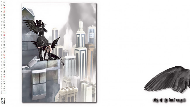 Обои картинки фото календари, аниме, двое, девушка, здание, крылья