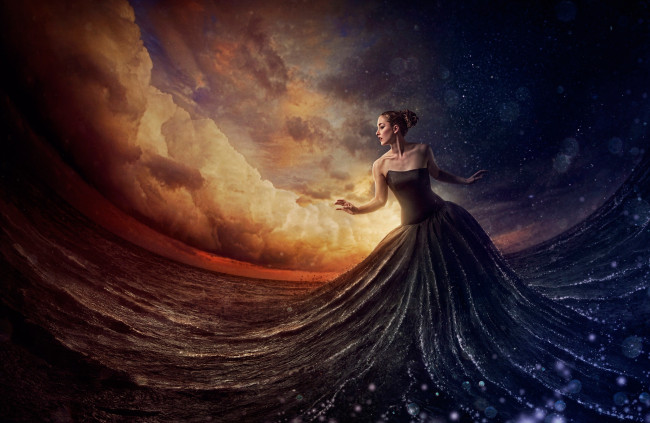 Обои картинки фото фэнтези, девушки, море, небо, девушка, платье