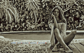 Картинка календари компьютерный+дизайн сидеть растение бассейн взгляд девушка