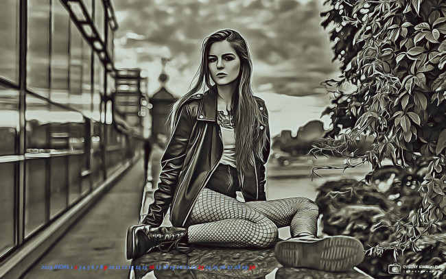 Обои картинки фото календари, компьютерный дизайн, calendar, дерево, сидеть, город, девушка