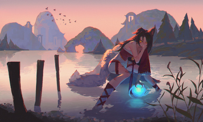 Обои картинки фото видео игры, league of legends, ари, озеро, горы, магия