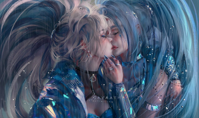 Обои картинки фото видео игры, league of legends, akali, seraphine, поцелуй