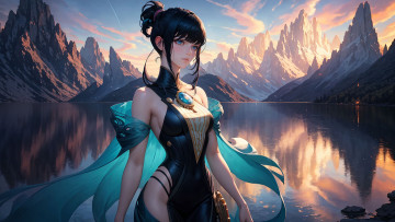 Картинка аниме пейзажи +природа нейросети графика нейроарт ai art нейронные сети рисунки нейро искусство красивая девушка на фоне озера