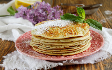 Картинка еда блины +оладьи сирень мята сахарная пудра