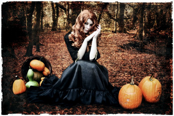 Картинка фэнтези девушки тыква взгляд черное платье