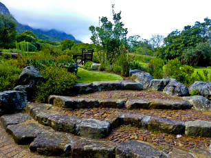 Картинка природа парк туман терраса скамейка трава деревья долина горы