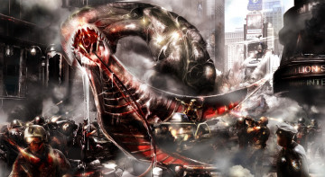 Картинка видео+игры prototype прототип чудовище монстр город улица люди дома здания полиция полицейские