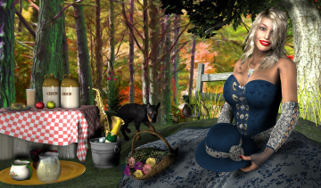 Картинка 3д+графика люди+ people щенок шляпа цветы улыбка утки лес шампанское фон взгляд девушка