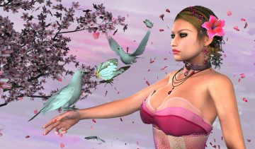 Картинка 3д+графика люди+ people взгляд девушка сакура голуби цветы фон