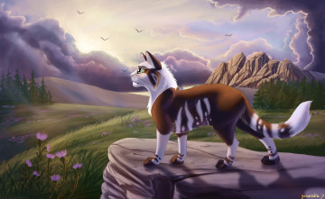 Картинка рисованное животные +коты птицы цветы облака горы кот луг