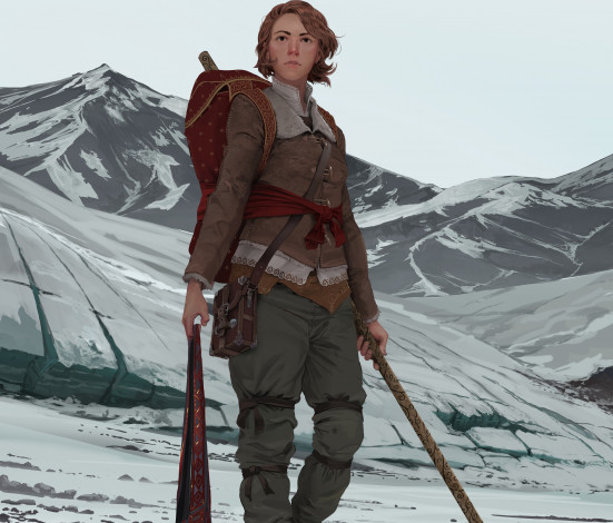 Обои картинки фото рисованное, люди, снег, горы, фон, взгляд, девушка