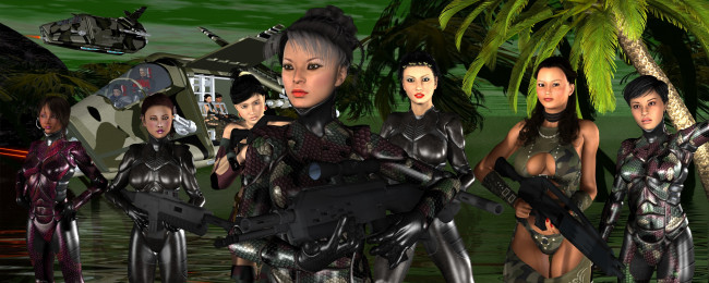 Обои картинки фото 3д графика, фантазия , fantasy, оружие, фон, взгляд, девушки