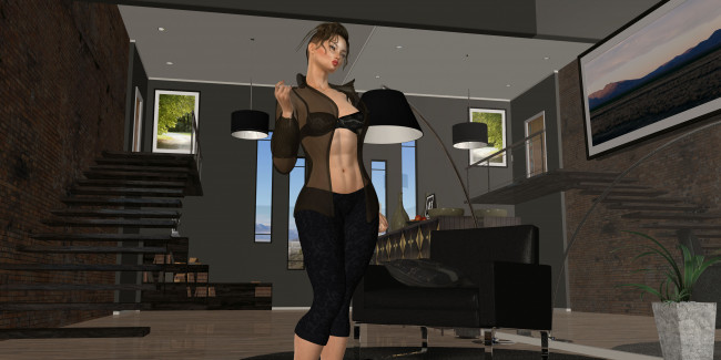 Обои картинки фото 3д графика, люди , people, интерьер, фон, взгляд, девушка