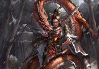 Картинка фэнтези красавицы+и+чудовища оружие взгляд пасть деревья снег дракон броня девушка арт