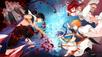 Картинка аниме magi+the+labyrinth+of+magic aladdin morgiana ali baba saluja judal девушка парни птицы рух борьба