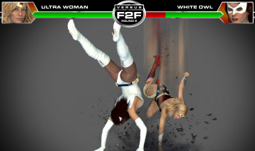 Картинка round+3 +ultra+woman+vs+white+owl 3д+графика фантазия+ fantasy драка супермены девушки фон взгляд