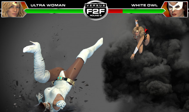 Обои картинки фото round 3,  ultra woman vs white owl, 3д графика, фантазия , fantasy, девушки, взгляд, драка, фон, супермены