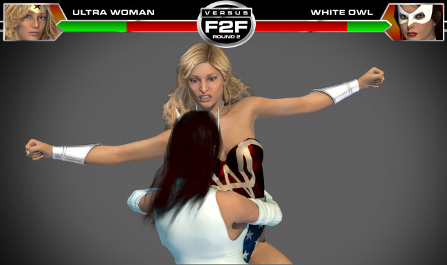 Обои картинки фото round 3,  ultra woman vs white owl, 3д графика, фантазия , fantasy, драка, супермены, фон, девушки, взгляд