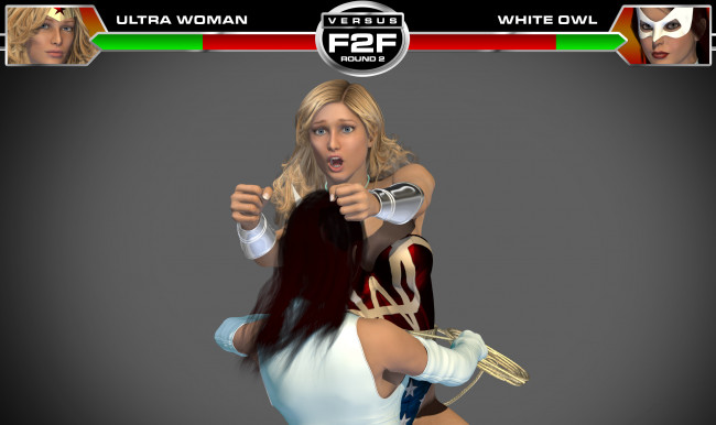 Обои картинки фото round 3,  ultra woman vs white owl, 3д графика, фантазия , fantasy, взгляд, девушки, супермены, фон, драка