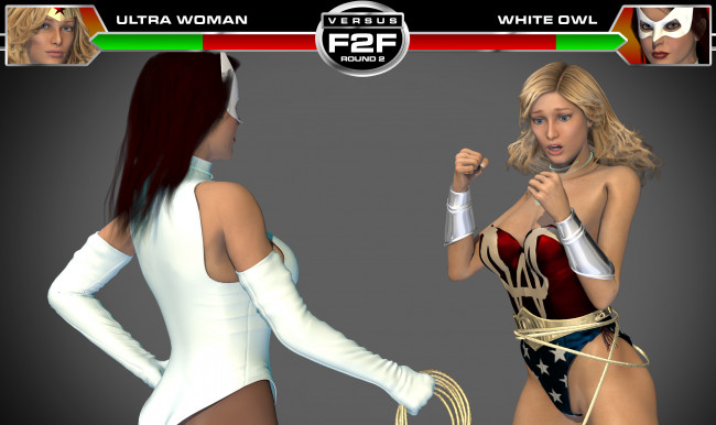 Обои картинки фото round 3,  ultra woman vs white owl, 3д графика, фантазия , fantasy, взгляд, фон, супермены, девушки, драка