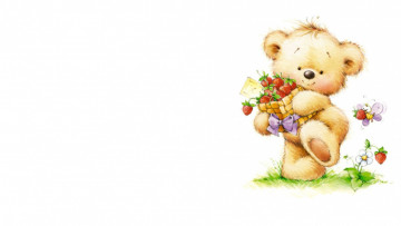 Картинка рисованное мишки+тэдди лукошко пчела бант земляника