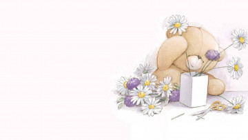 Картинка рисованное мишки+тэдди ромашки ножницы ваза