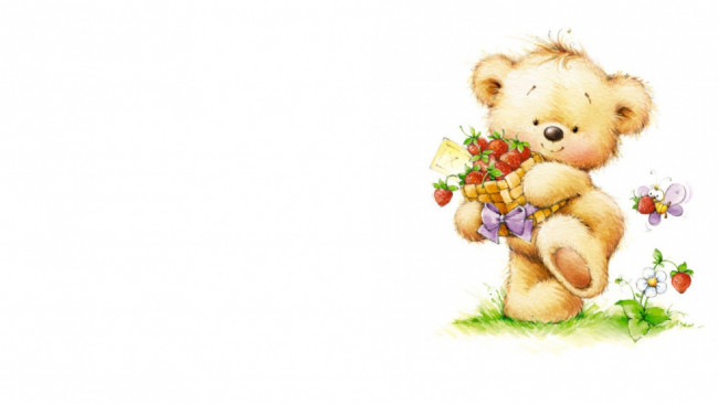 Обои картинки фото рисованное, мишки тэдди, лукошко, пчела, бант, земляника