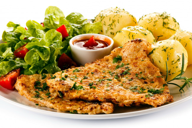Обои картинки фото еда, мясные блюда, картофель, мясо, отбивная, соус, салат