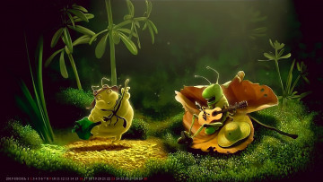 Картинка календари рисованные +векторная+графика 2019 calendar гитара лист растение насекомое кузнечик