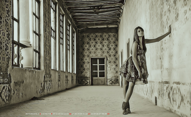 Обои картинки фото календари, компьютерный дизайн, 2019, девушка, помещение, окно, дверь, женщина, calendar
