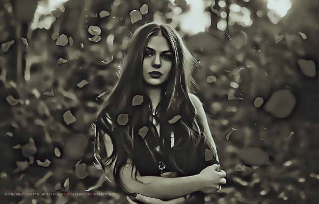 Обои картинки фото календари, компьютерный дизайн, 2019, взгляд, девушка, листопад, листья, calendar, женщина