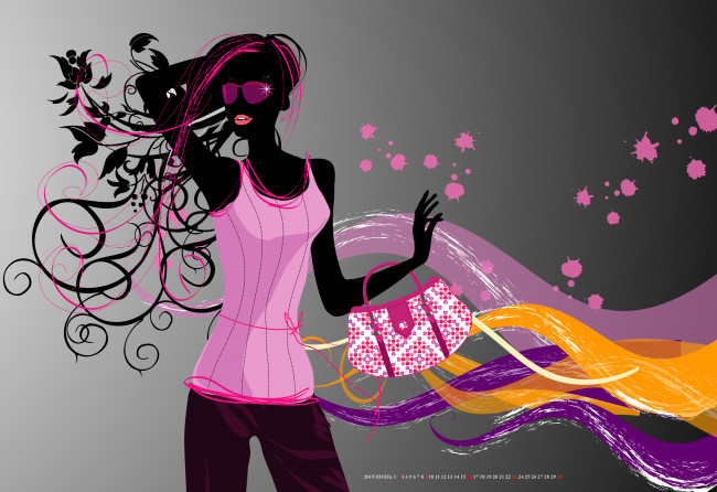 Обои картинки фото календари, рисованные,  векторная графика, 2019, calendar, женщина, рисунок, узор, сумка, очки, девушка