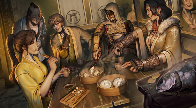 Обои картинки фото legend of the five rings, видео игры, девушки, фон, униформа, мужчины, еда