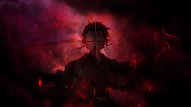 Обои картинки фото клинок рассекающий демонов, аниме, demon slayer,  kimetsu no yaiba, demon, slayer, kimetsu, no, yaiba, парень, фон, взгляд, меч, катана, tanjirou, kamado