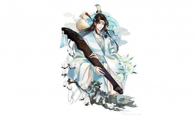 Обои картинки фото аниме, mo dao zu shi, лань, ванцзи, птица, гуцинь