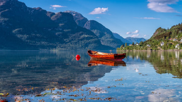 обоя корабли, лодки,  шлюпки, горы, озеро, лодка, отражение