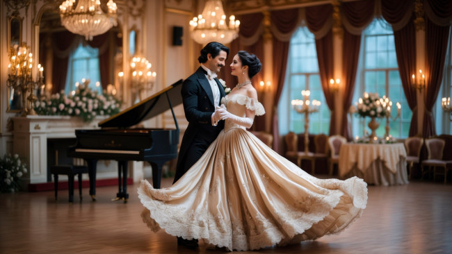 Обои картинки фото 3д графика, люди , people, рояль, мужчина, женщина, бальное, платье, смокинг