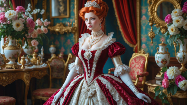 Обои картинки фото 3д графика, люди , people, рыжие, волосы, старинное, платье, украшения